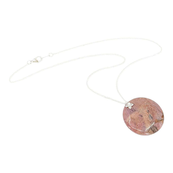 Necklace - Large Stone Coin Pendant (Rhodonite, Silver Plate) by Tiny Aloha