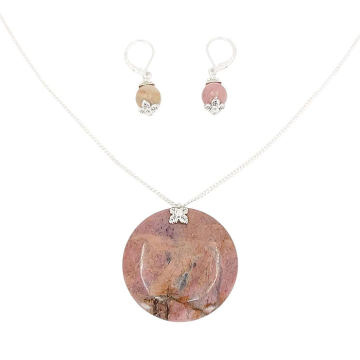Necklace - Large Stone Coin Pendant (Rhodonite, Silver Plate) by Tiny Aloha