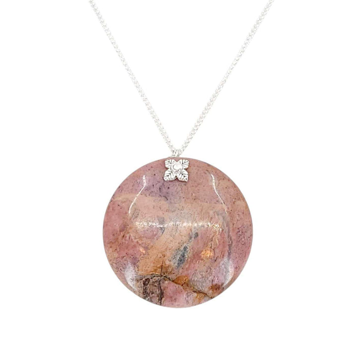 Necklace - Large Stone Coin Pendant (Rhodonite, Silver Plate) by Tiny Aloha