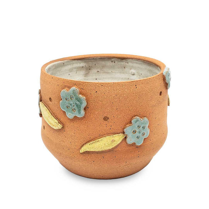 Planter Pot - M - Stoneware Teal Flowers Green Leaves (White Interior) by Kathy Manzella Ceramics