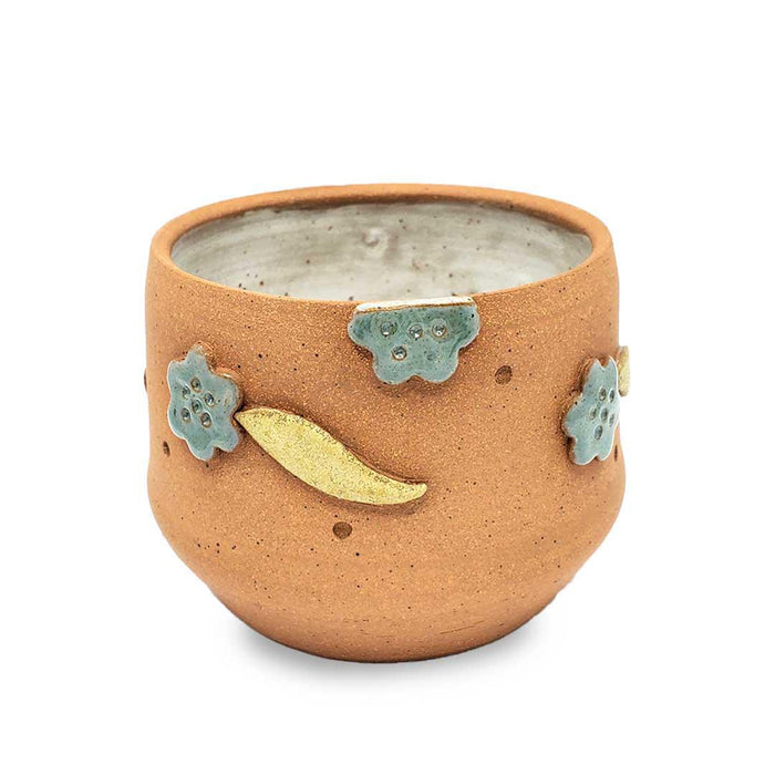 Planter Pot - M - Stoneware Teal Flowers Green Leaves (White Interior) by Kathy Manzella Ceramics