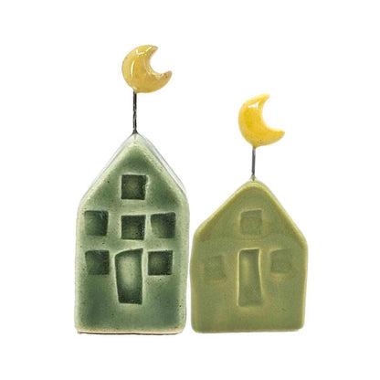 Tiny Pottery House - Grass Green with Moon by Tasha McKelvey