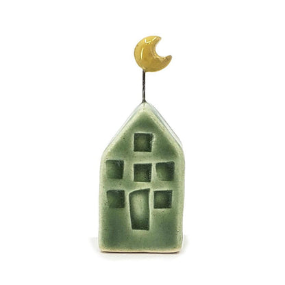 Tiny Pottery House - Grass Green with Moon by Tasha McKelvey