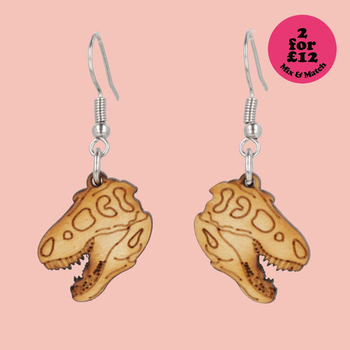 Wooden T-Rex Skull Earrings