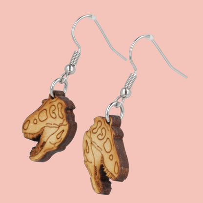 Wooden T-Rex Skull Earrings